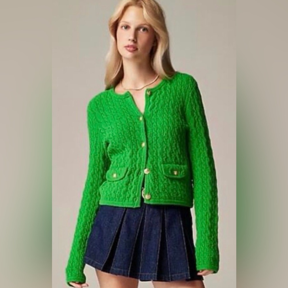 J.Crew Odette Lady Jacket Green Boucle Cable Knit Cardigan Crest Buttons NWT M